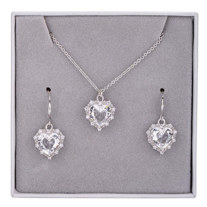 D&X Ltd - Boxed Rhodium Silver & Crystal Heart Pendant Necklace & Earrings Set: Clear