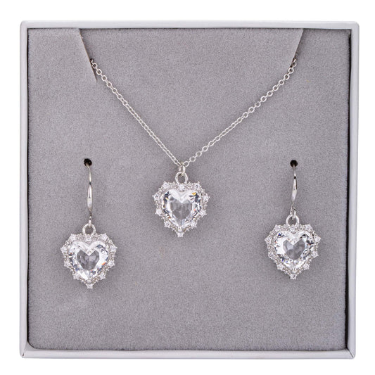 D&X Ltd - Boxed Rhodium Silver & Crystal Heart Pendant Necklace & Earrings Set: Clear