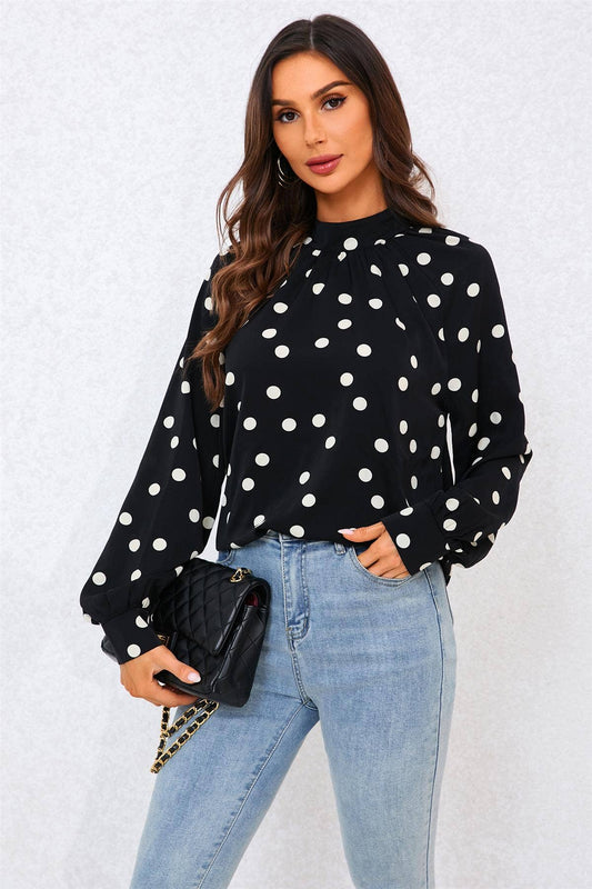 FS Collection - Black Dot Print Halter Neck Blouse Top In Black: Black / L