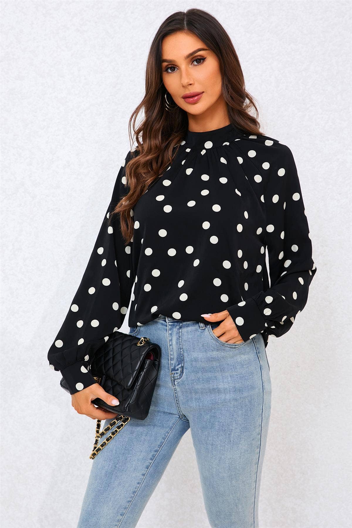 FS Collection - Black Dot Print Halter Neck Blouse Top In Black: Black / S