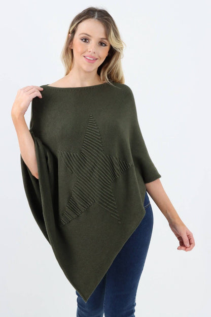Italian Knitted Lagenlook Star Poncho: Camel / One Size To Fit UK 8-18