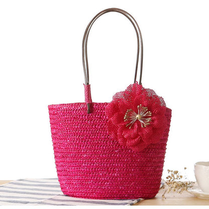 Superbia - Small Flower Bright Colors  Straw Basket Bag-Cl-27: Beige