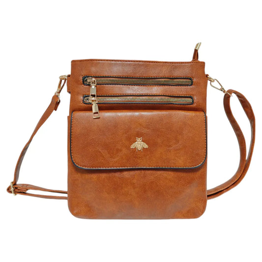Double Zipper Multi Pocket Bee Details Cross BodyBag-9133: Brown