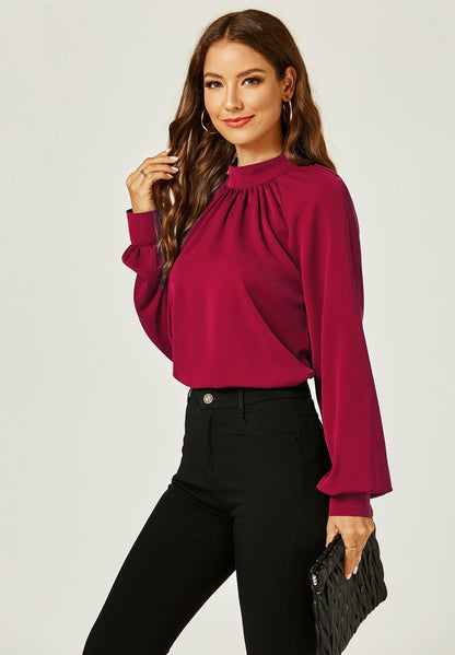 FS Collection - Halter Neck Long Sleeve Blouse Top In Wine Red: M