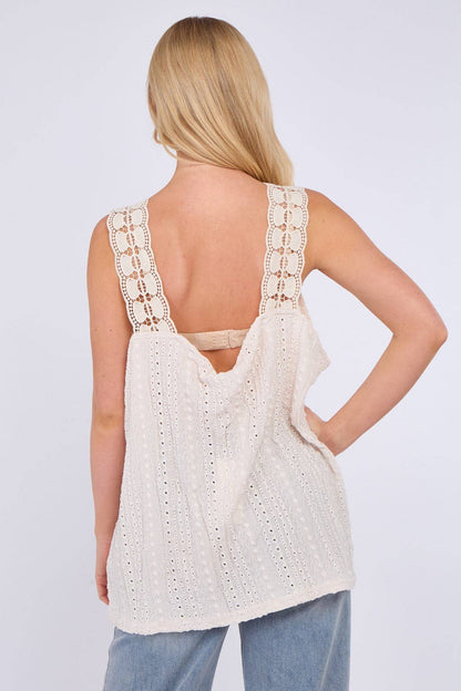 Embroidered Crochet Wide Lace Strap Vest Ladies Top: Black / One Size To Fit UK 14 to 20
