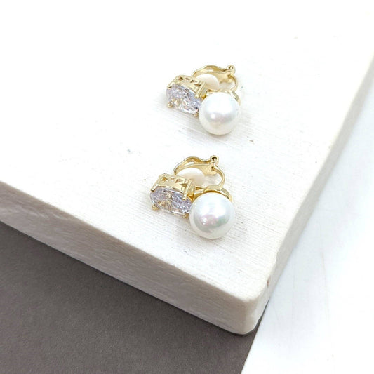 Tempest Designs - Gold pearl clip on earrings with crystals