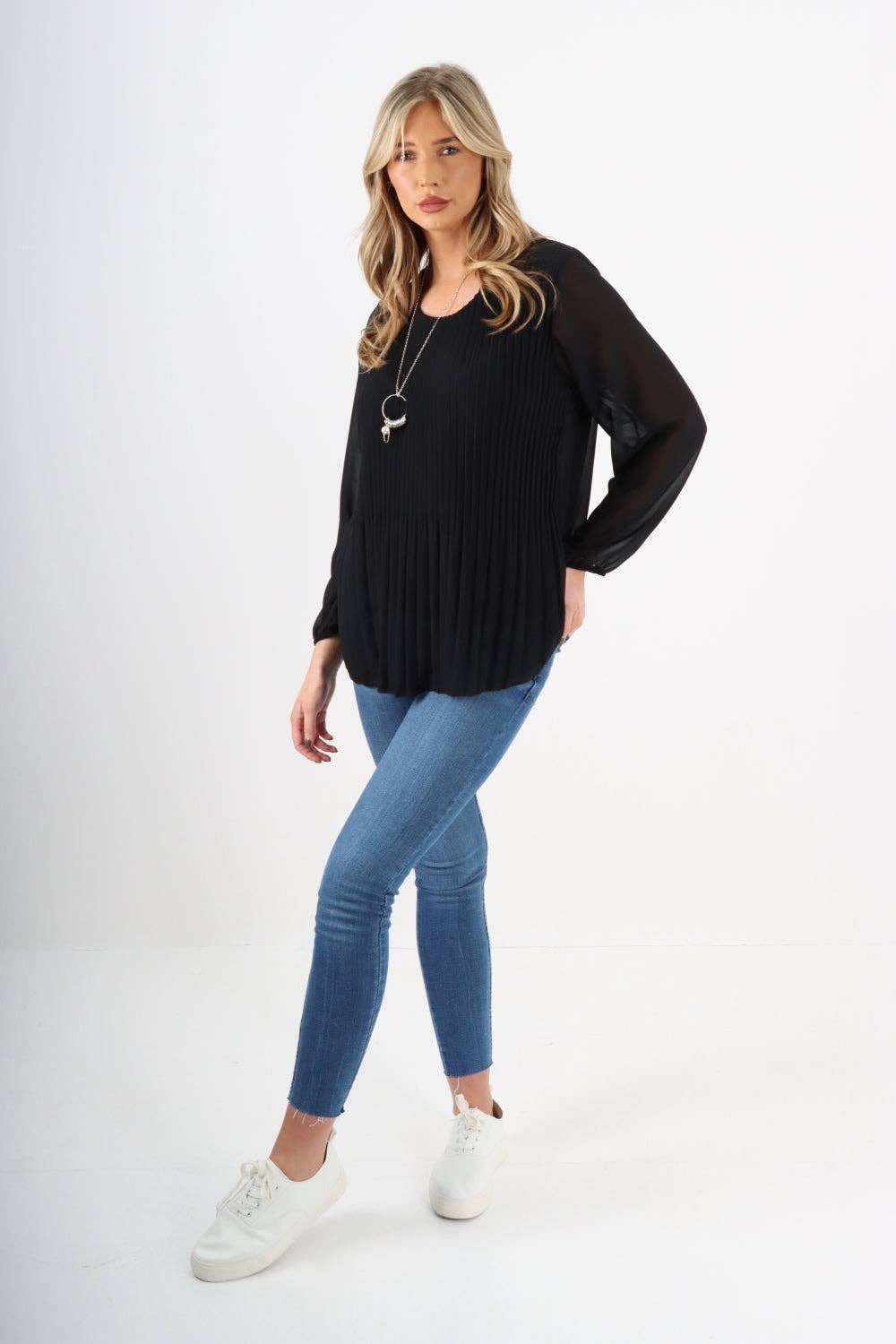 Plain Pleated Necklace Chiffon Top: Dark Grey / One Size To Fit UK 8-16