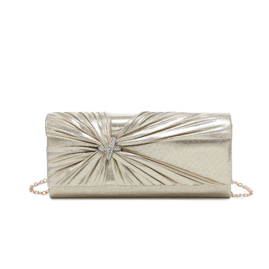 Diamante Pin On The Flap Over Cover Satin Clutch Bag: Gold