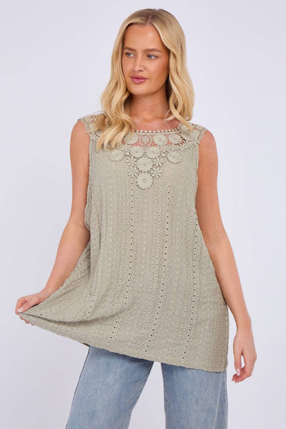 Embroidered Crochet Wide Lace Strap Vest Ladies Top: Sage / One Size To Fit UK 14 to 20