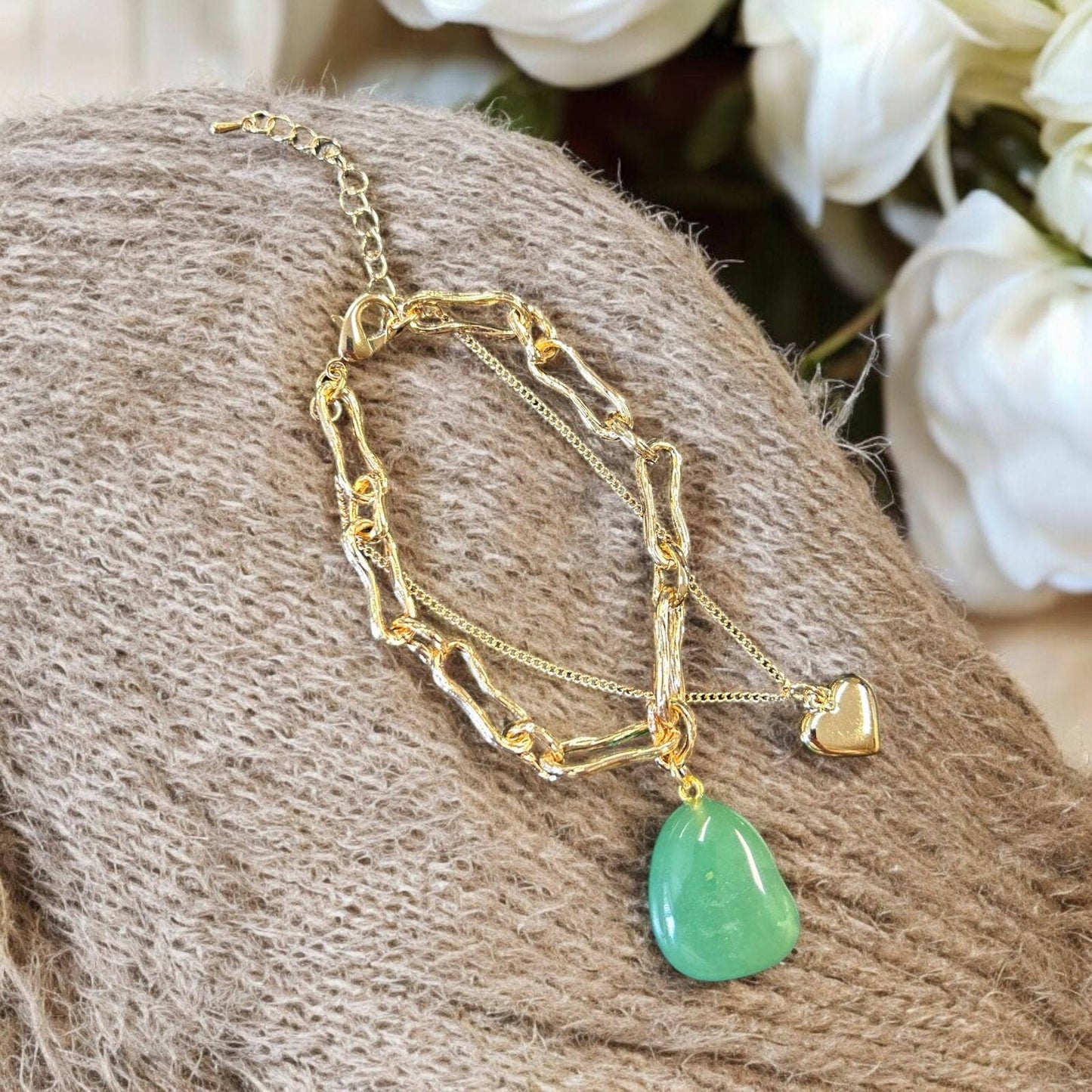 Jess & Lou - Elegant Layered Bracelet in gold- with Emerald stone pendant BR232GG