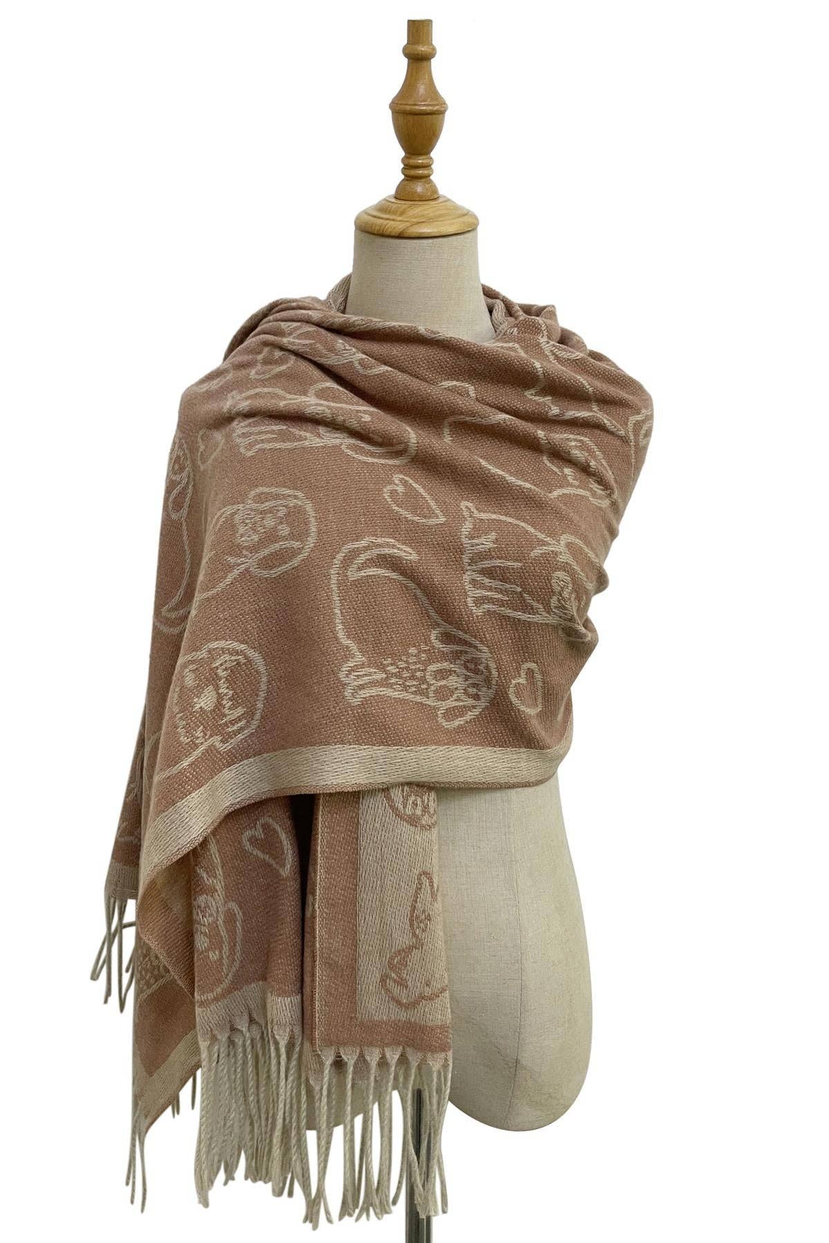 Fashion Scarf World - Cute Dog & Love Heart Reversible Print Tassel Scarf: Charcoal