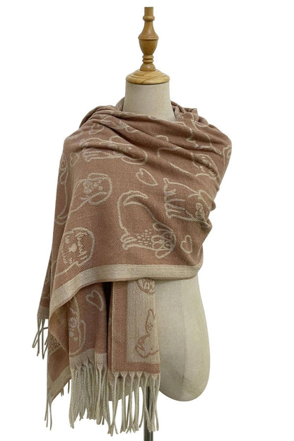 Fashion Scarf World - Cute Dog & Love Heart Reversible Print Tassel Scarf: Charcoal