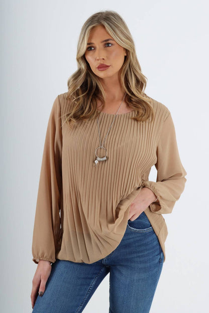 Plain Pleated Necklace Chiffon Top: Dark Grey / One Size To Fit UK 8-16