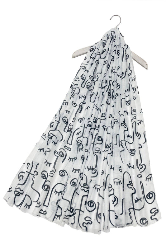 Fashion Scarf World - Abstract Face Print Frayed Scarf: White