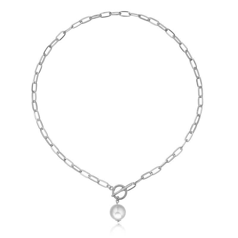 Pearl Drop Chain Necklace (Gold & Silver): Silver