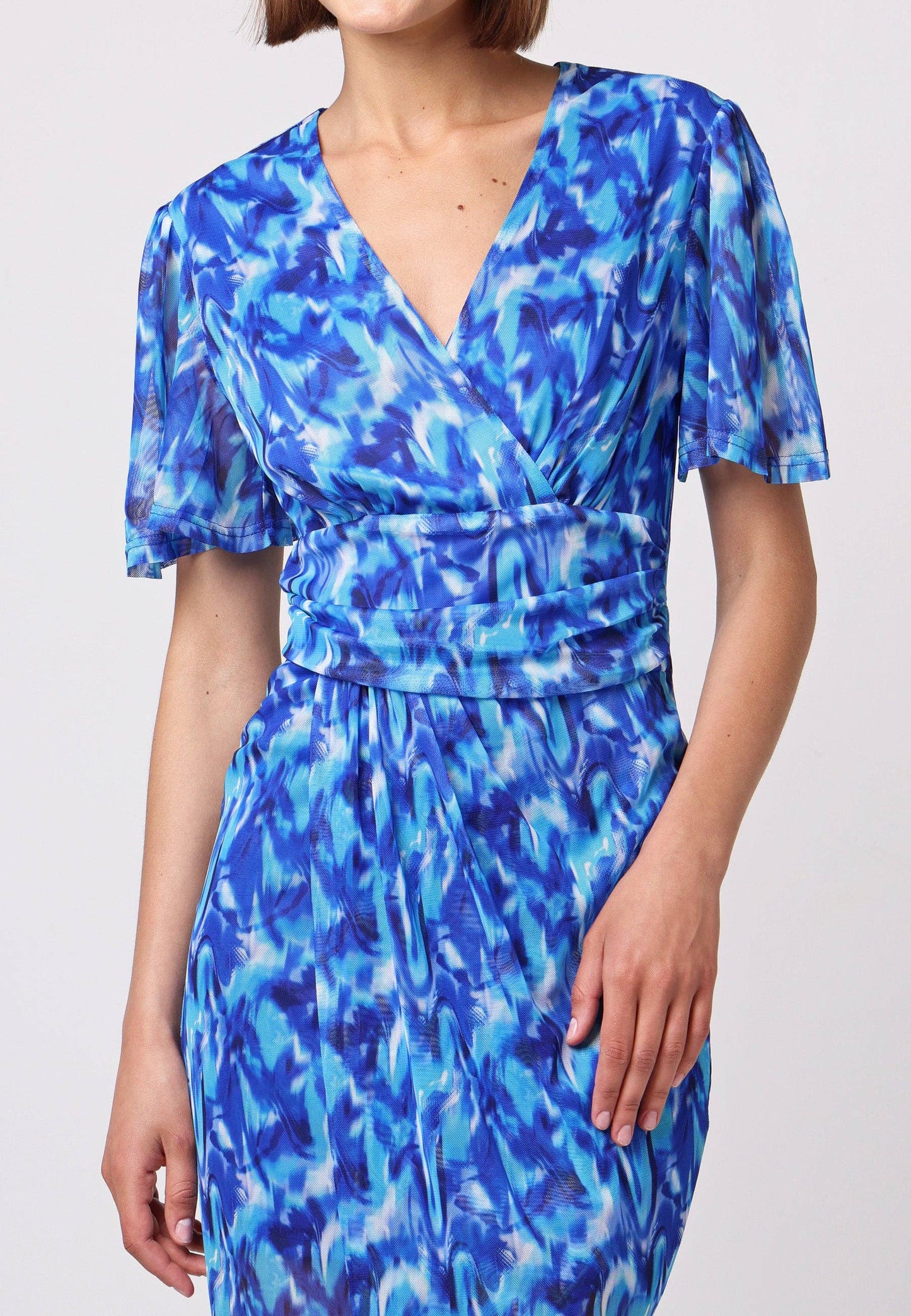 ANGELEYE - Angel Sleeve Wrap Fitted Mesh Midi Dress in Blue Print: L