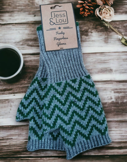 Jess & Lou - Blue Herringbone Fingerless Glove/Wrist Warmer GL101: Green