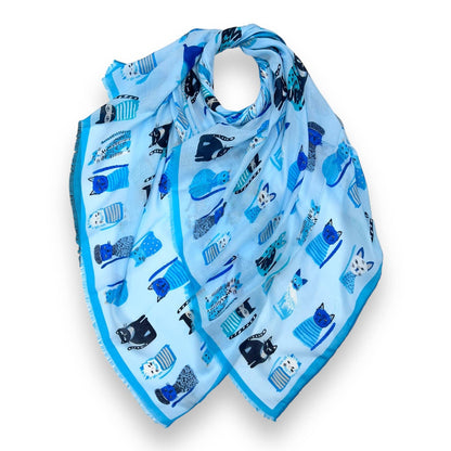 London Scarves - Cats wearing hats print scarf: Blue
