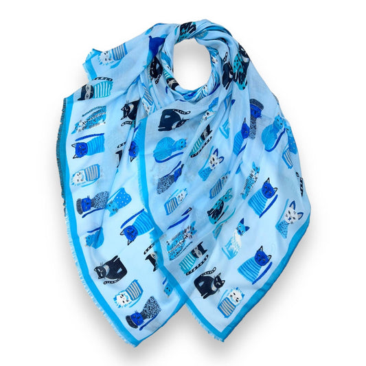 London Scarves - Cats wearing hats print scarf: Blue