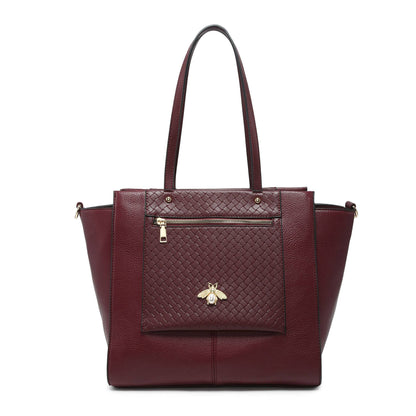 Bee Badge Zipped Pockets Top Zipped Tote Handbag: Brown