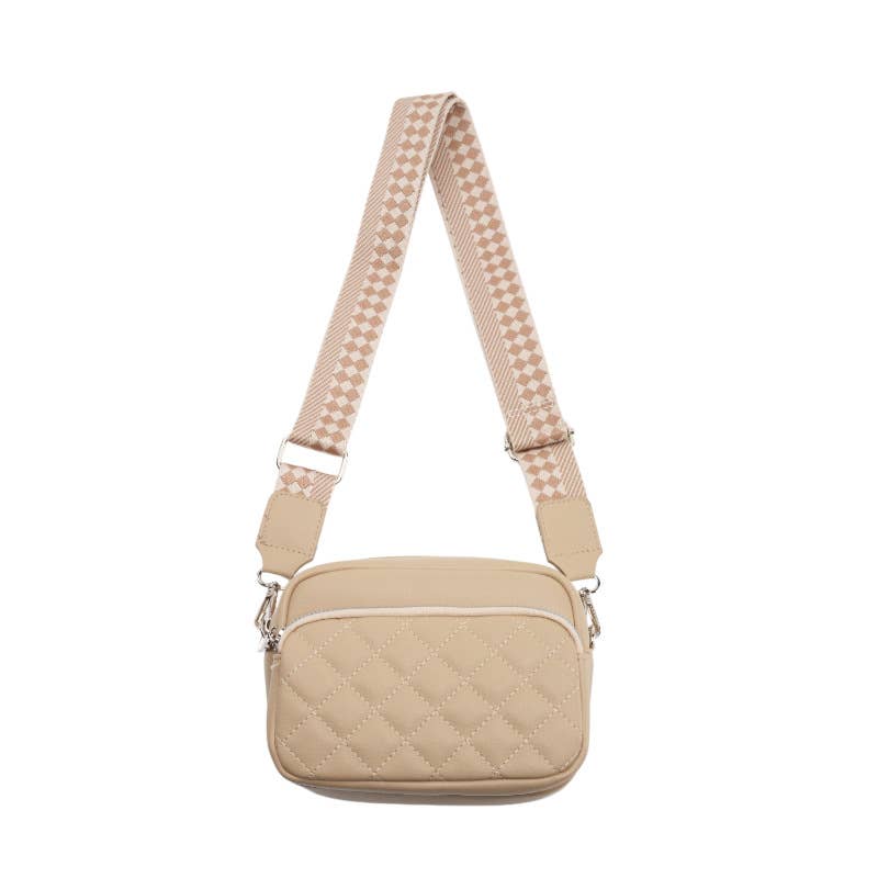 Superbia - Small Double Zipper Quilted Cross Body Shoulder Canvas Strap: Beige