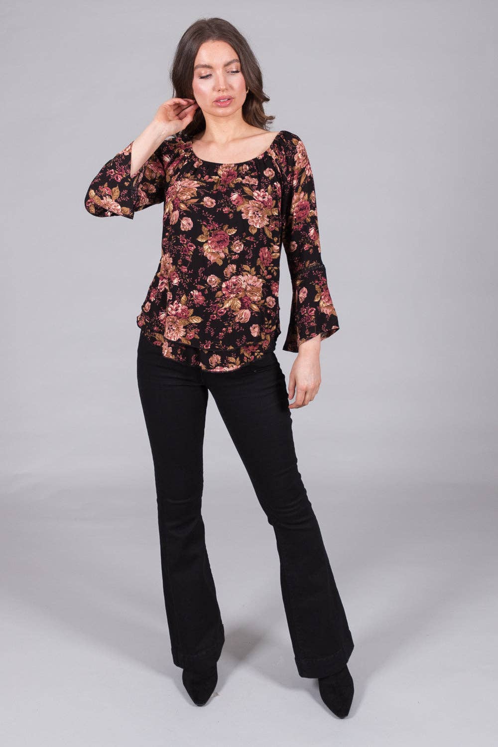 SOLO - Floral Chiffon Top with Bell Sleeves: 12