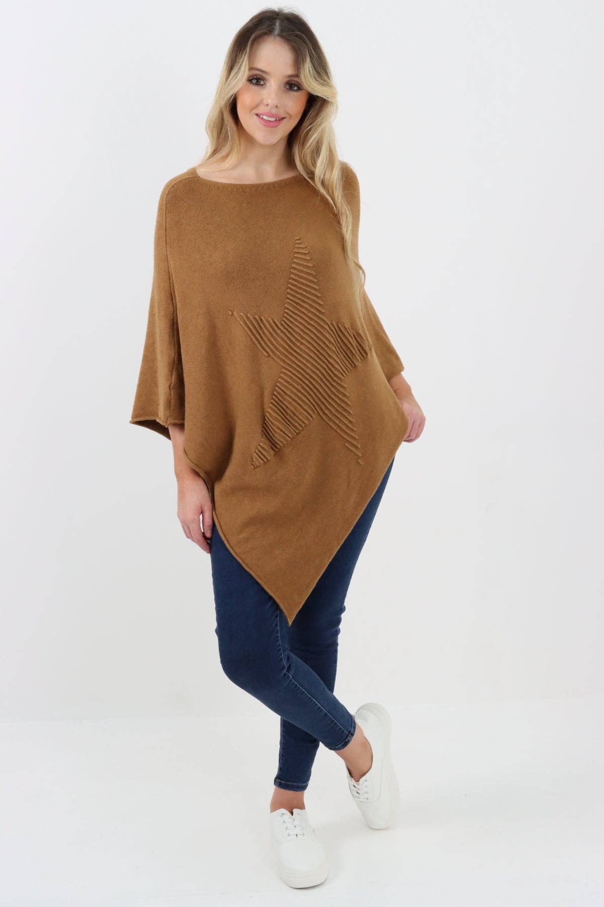 Italian Knitted Lagenlook Star Poncho: Beige / One Size To Fit UK 8-18