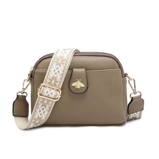 Cross Body Handbag with double zip top sections: Taupe