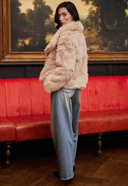 ANGELEYE - Faux Fur Glittery Short Coat In Beige: M