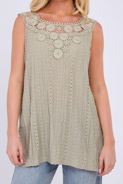 Embroidered Crochet Wide Lace Strap Vest Ladies Top: Black / One Size To Fit UK 14 to 20