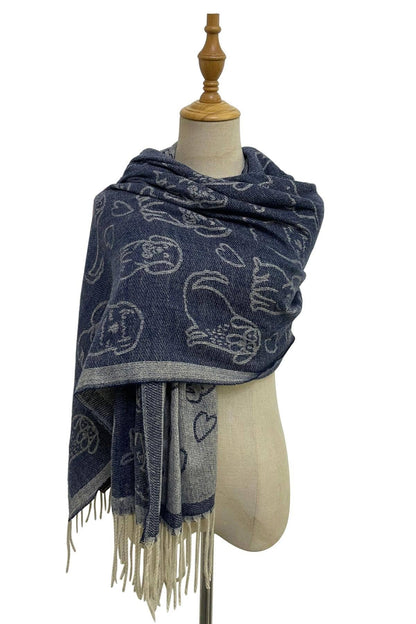 Fashion Scarf World - Cute Dog & Love Heart Reversible Print Tassel Scarf: Charcoal