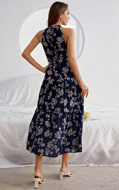 FS Collection - Halter Neck Midi Layer Dress In Nave & White Flora Print: L