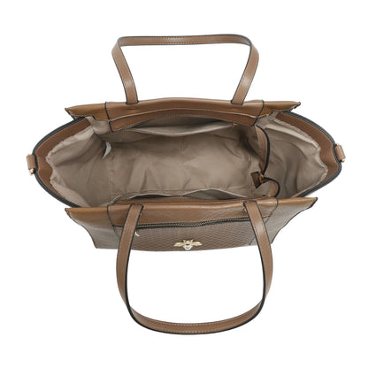 Bee Badge Zipped Pockets Top Zipped Tote Handbag: Brown