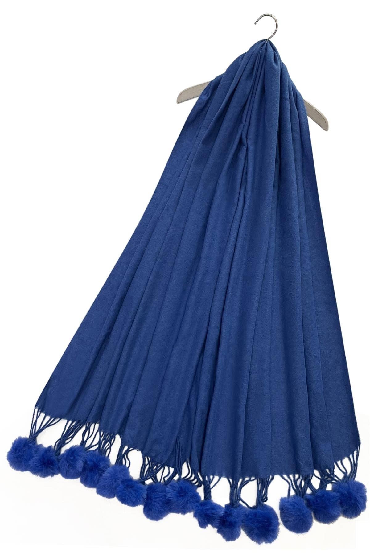 Fashion Scarf World - Plain Wool Pom Pom Scarf: Navy Blue