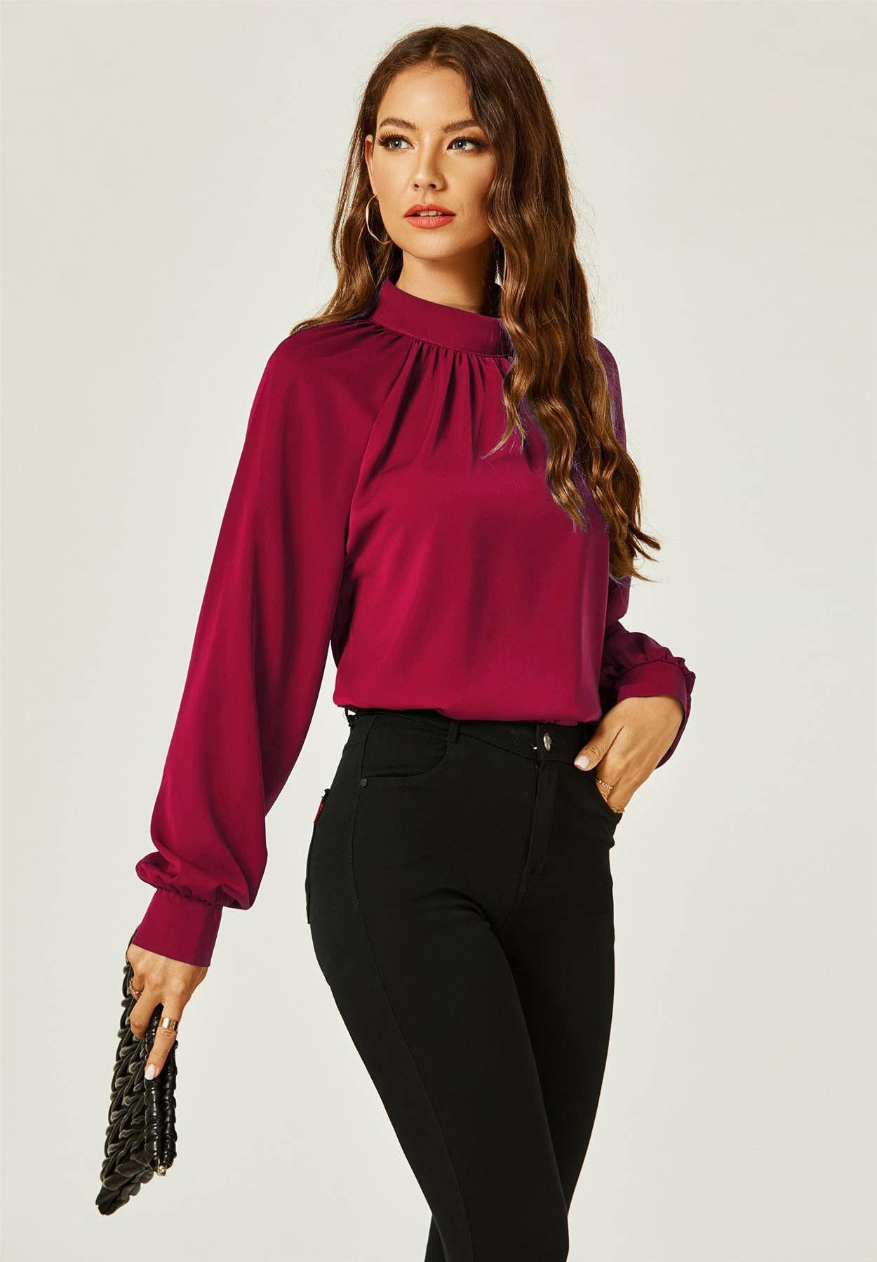 FS Collection - Halter Neck Long Sleeve Blouse Top In Wine Red: M