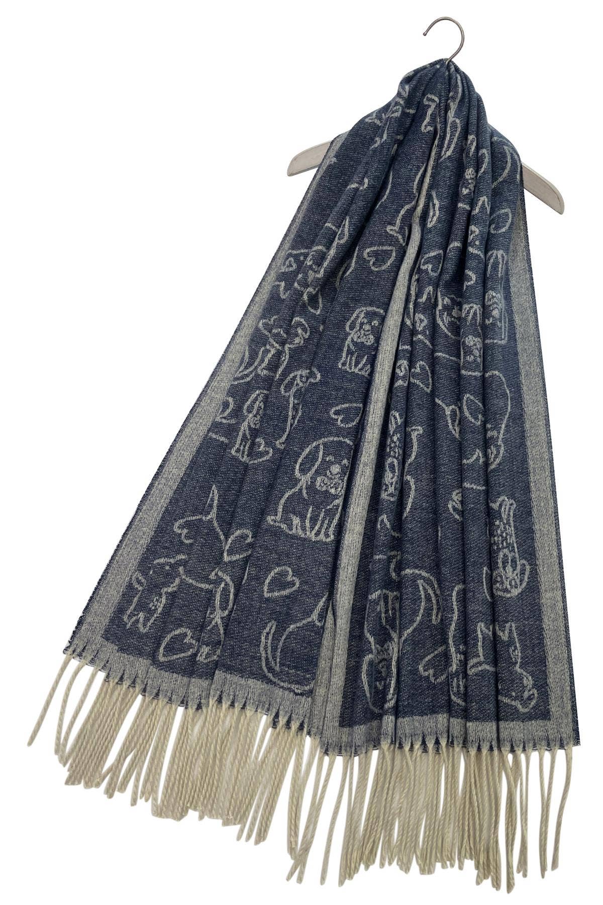 Fashion Scarf World - Cute Dog & Love Heart Reversible Print Tassel Scarf: Charcoal