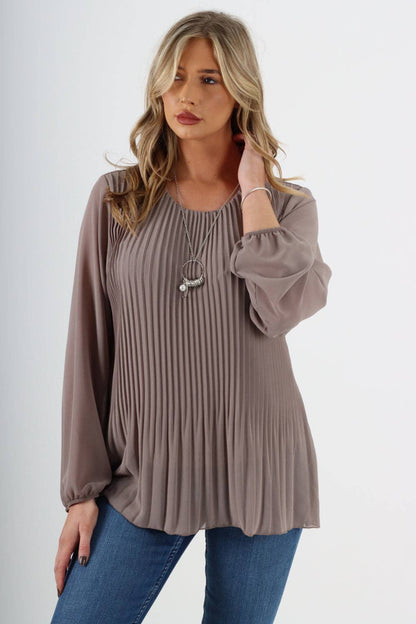 Plain Pleated Necklace Chiffon Top: Dark Grey / One Size To Fit UK 8-16