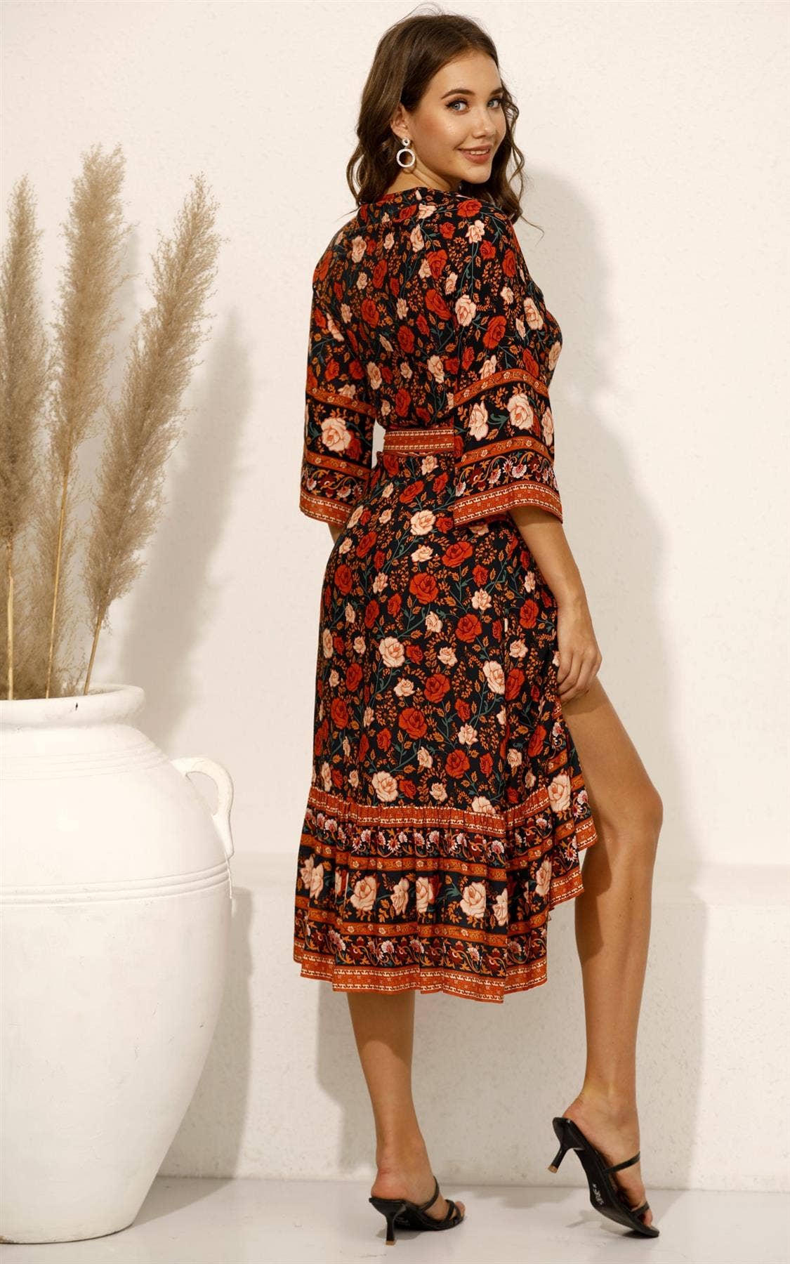 FS Collection - Midi Wrap Dress In Black & Red Rose Floral Print: 12