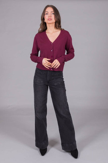 SOLO - V-Neck Knit Cardigan - Plum: 14
