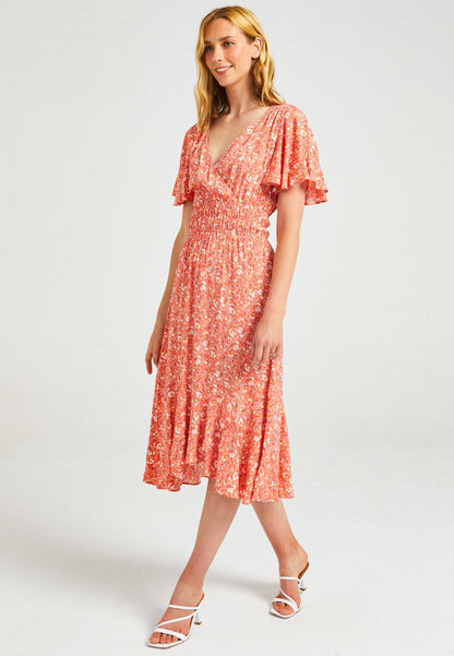 ANGELEYE - Flutter Sleeves Midi Dress With Elasticated Waist & Asymmetrical Hem: M