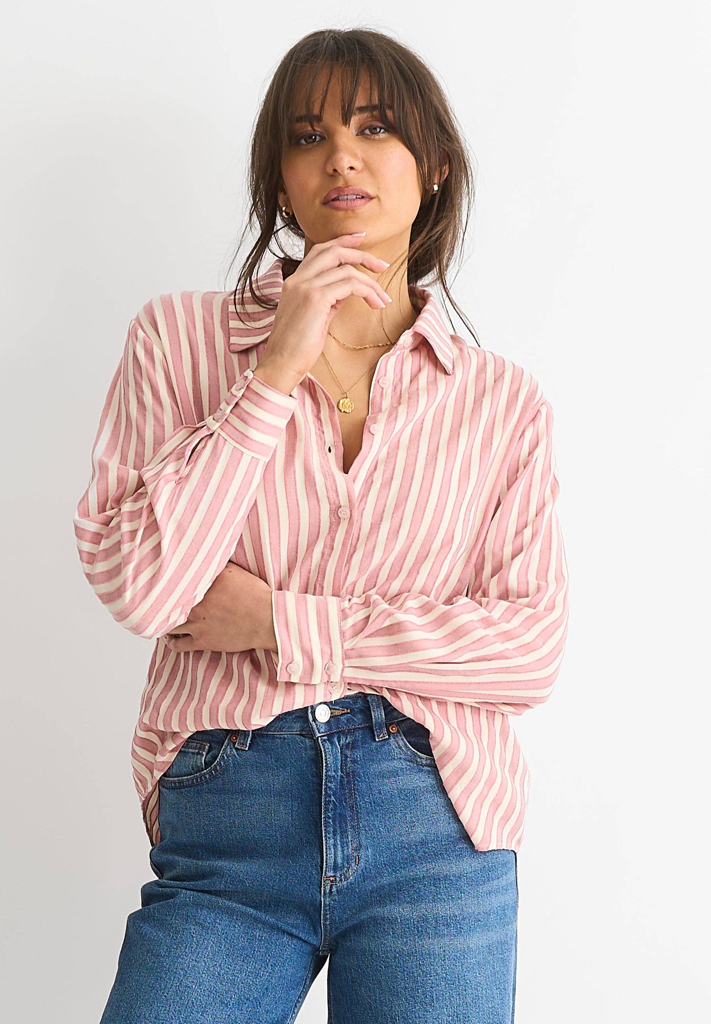 GINI LONDON - Blush Stripe Viscose Oversized Shirt: 50% Viscose & 50% Polyester / S-M (UK 8-10/US 4-6/EU 36-38)