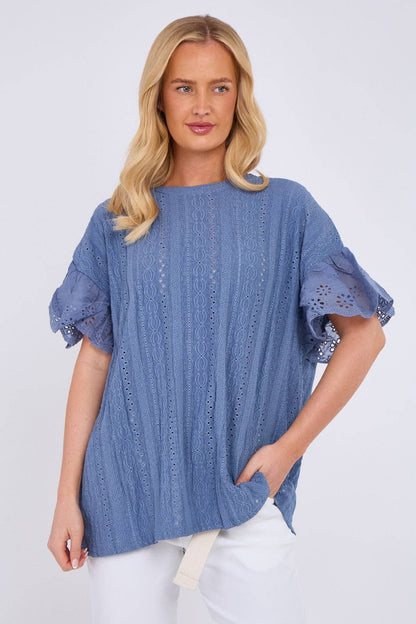 Crochet Embroidered Frill Sleeve Stretchable Top: Beige / One Size To Fit UK 12 to 18