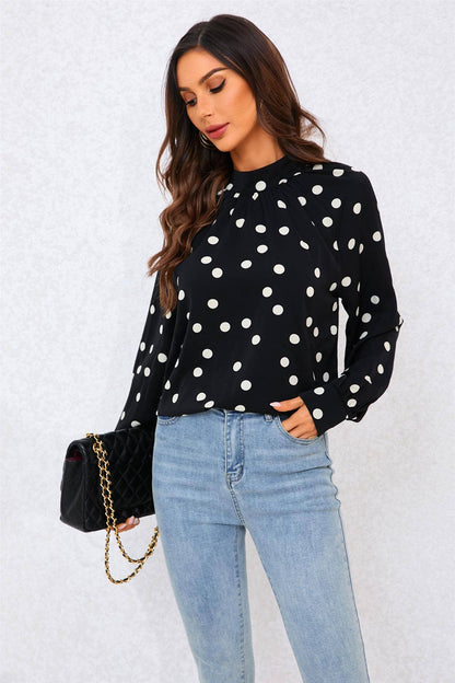 FS Collection - Black Dot Print Halter Neck Blouse Top In Black: Black / S