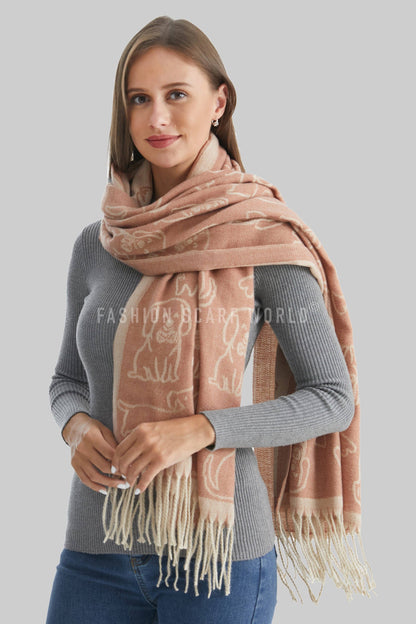 Fashion Scarf World - Cute Dog & Love Heart Reversible Print Tassel Scarf: Charcoal