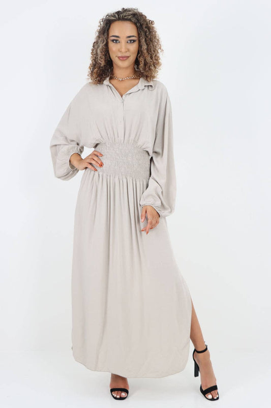 Italian Elasticated Waist Double Slit Maxi Dress: Beige / One Size To Fit UK 8-18