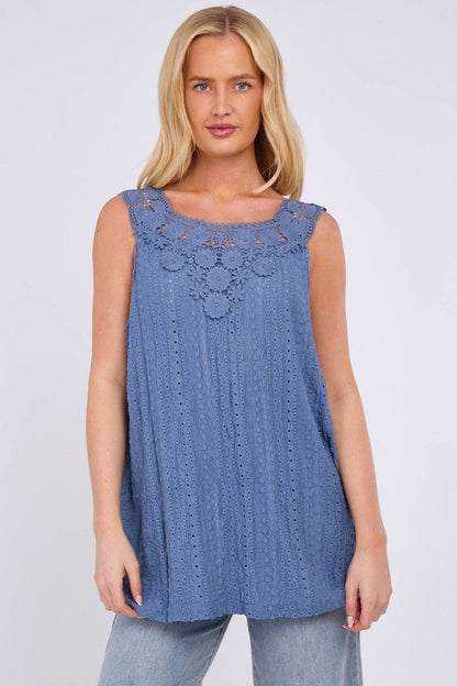 Embroidered Crochet Wide Lace Strap Vest Ladies Top: Sage / One Size To Fit UK 14 to 20