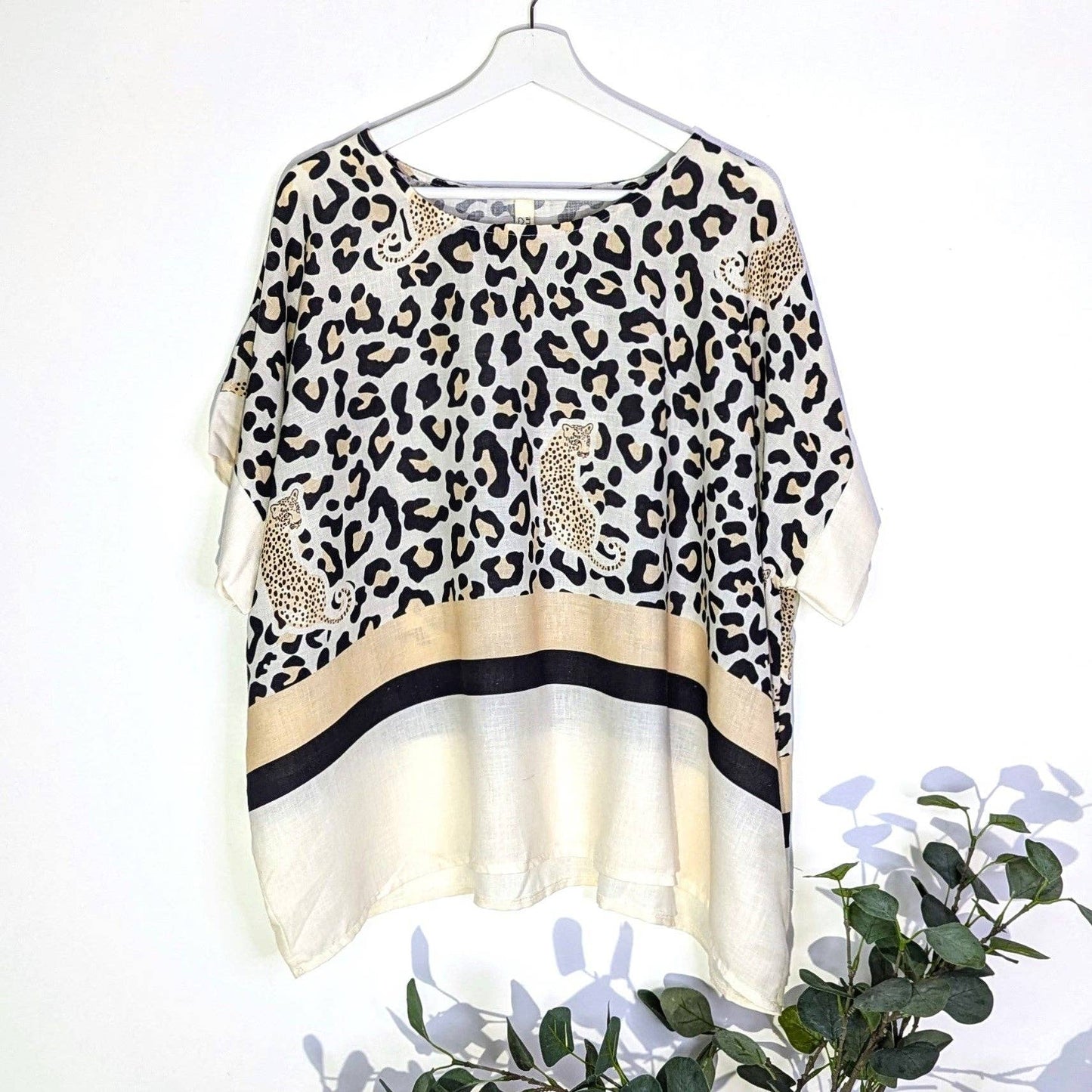 Tempest Designs - Linen viscose mix leopard within leopard print top with lower plain panel and stripe (M-L)