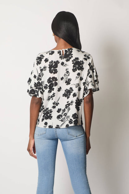 SOLO - Floral Print Top with Layered Sleeves - White: 10