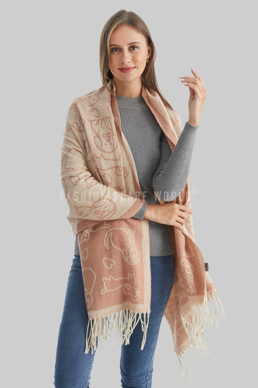 Fashion Scarf World - Cute Dog & Love Heart Reversible Print Tassel Scarf: Charcoal