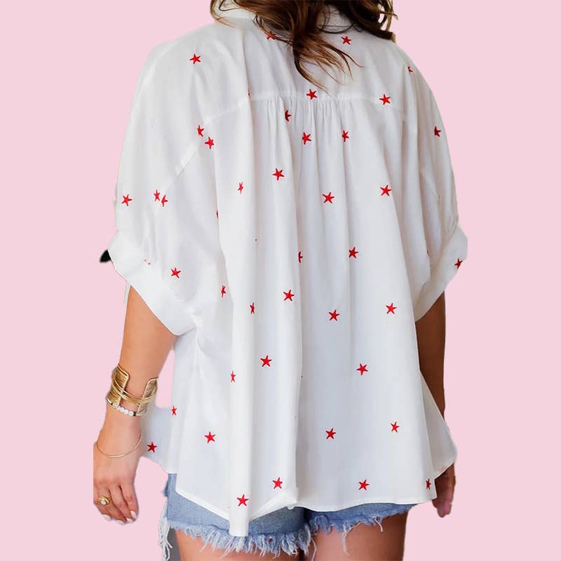 MUWATI - Little Stars Printed Loose Half Sleeve Loose Shirt: White / L